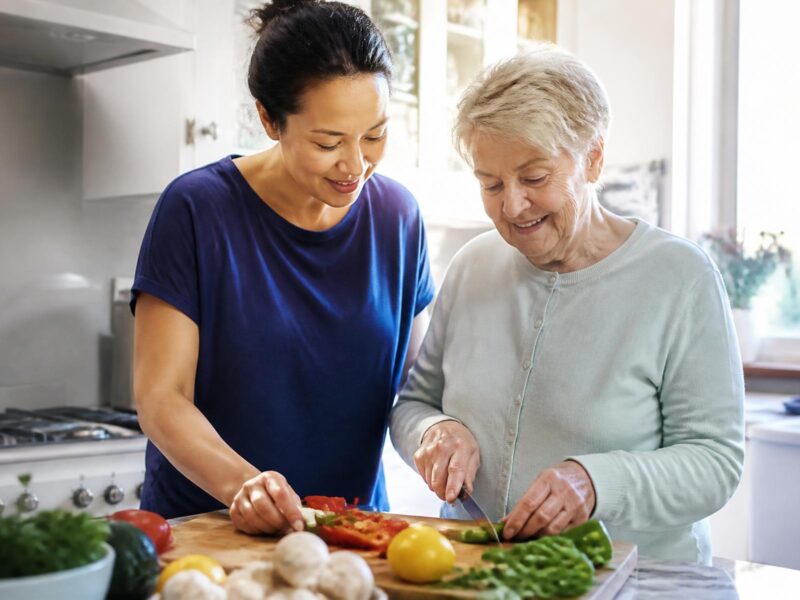 A care professional supporting an older woman to prepare vegetables in her kitchen