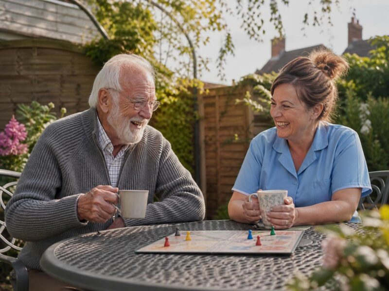 An older man and a care professional sharing tea and laughter over a board game in a garden