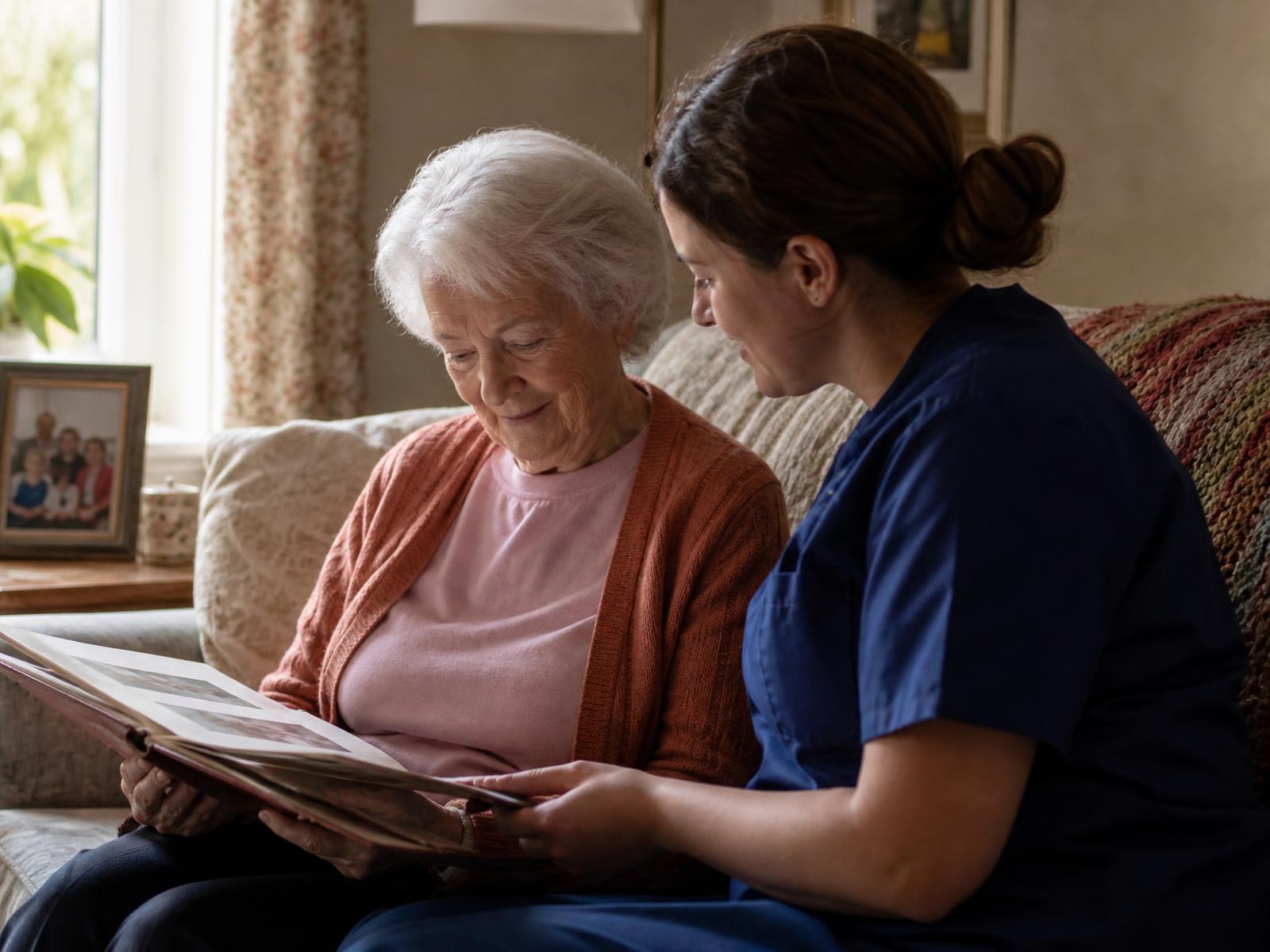 An older woman and a care professional looking at a photo album together on the sofa