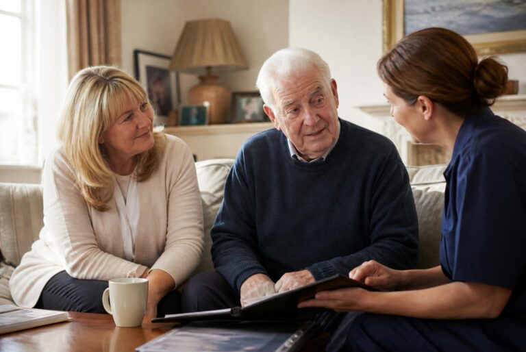 An adult daughter, her father and a care professional talking together at home