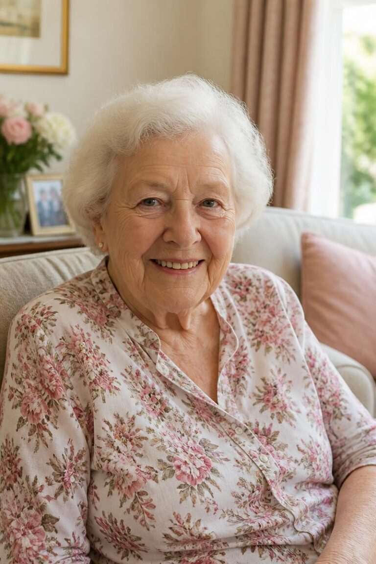 A smiling elderly woman in her living room