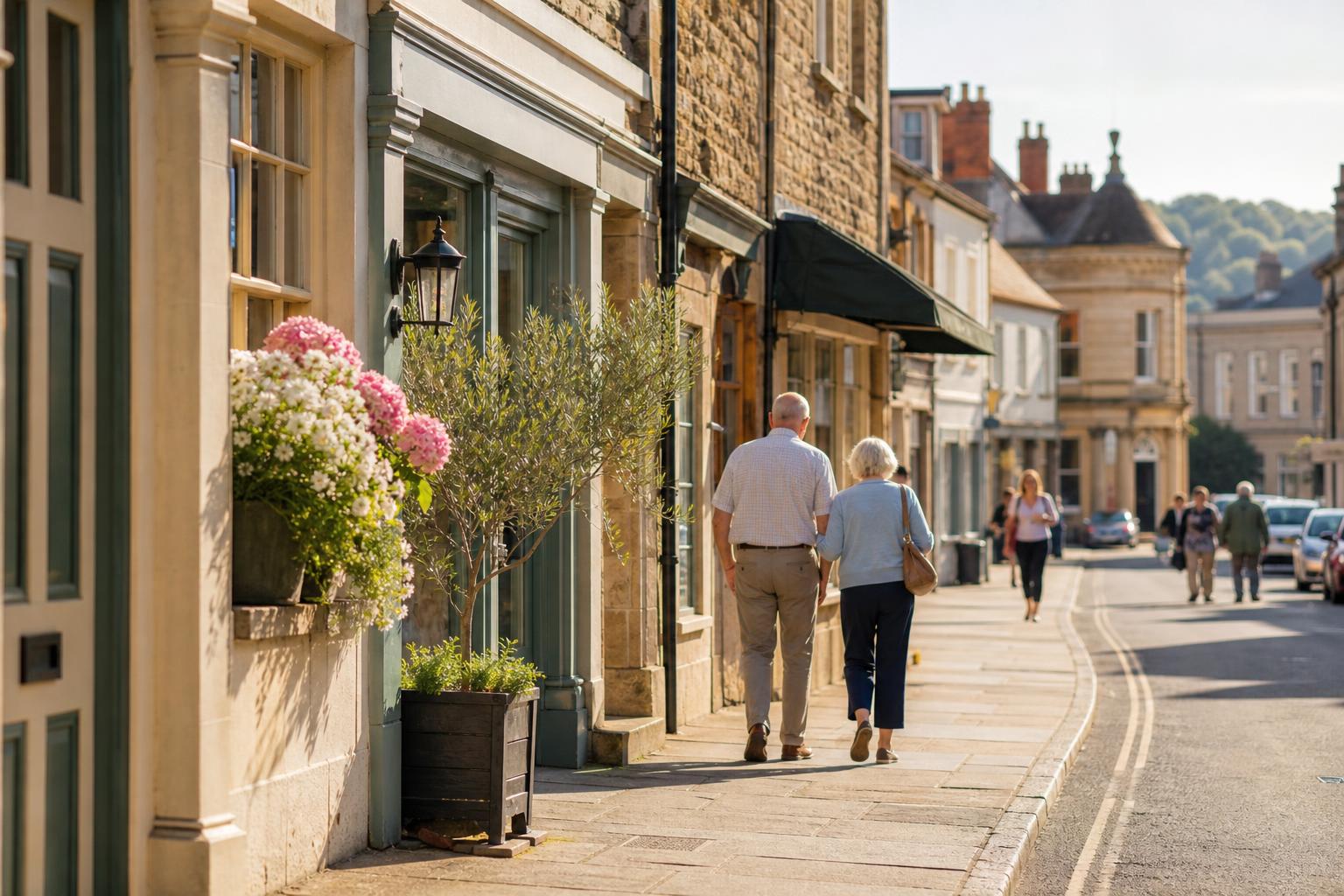 A quiet English market town high street in warm morning light