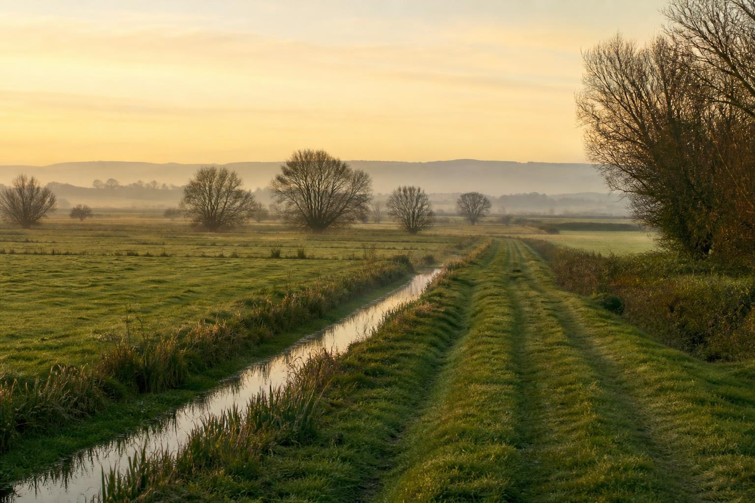 Flat green Somerset Levels countryside with willow trees and morning mist