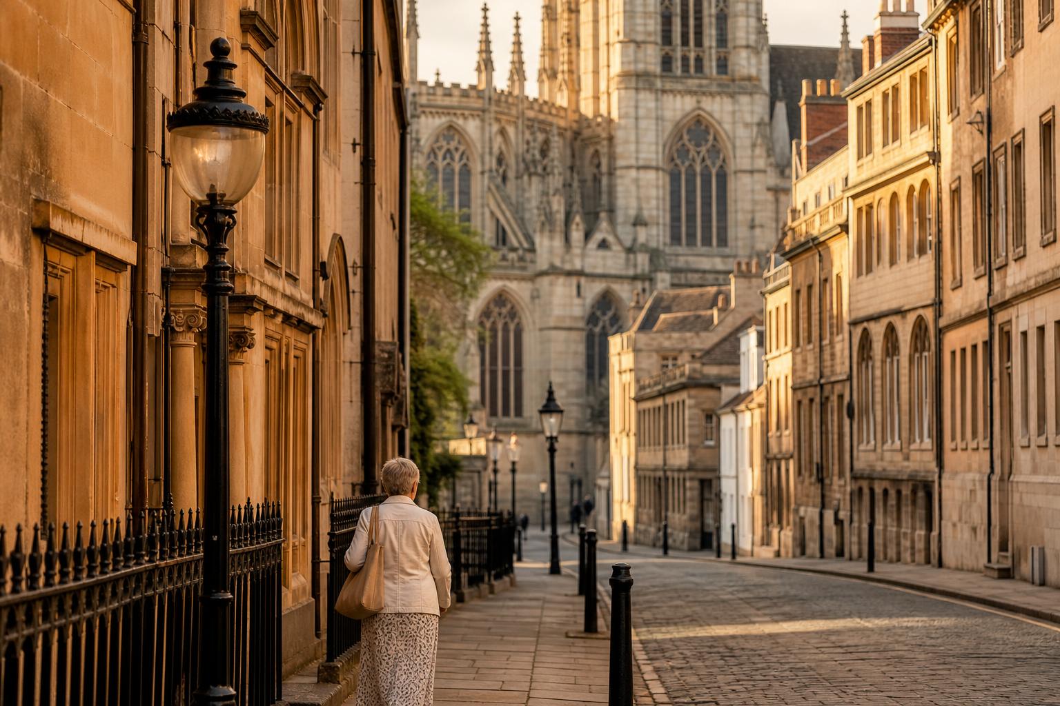 A historic cathedral city street in golden evening light