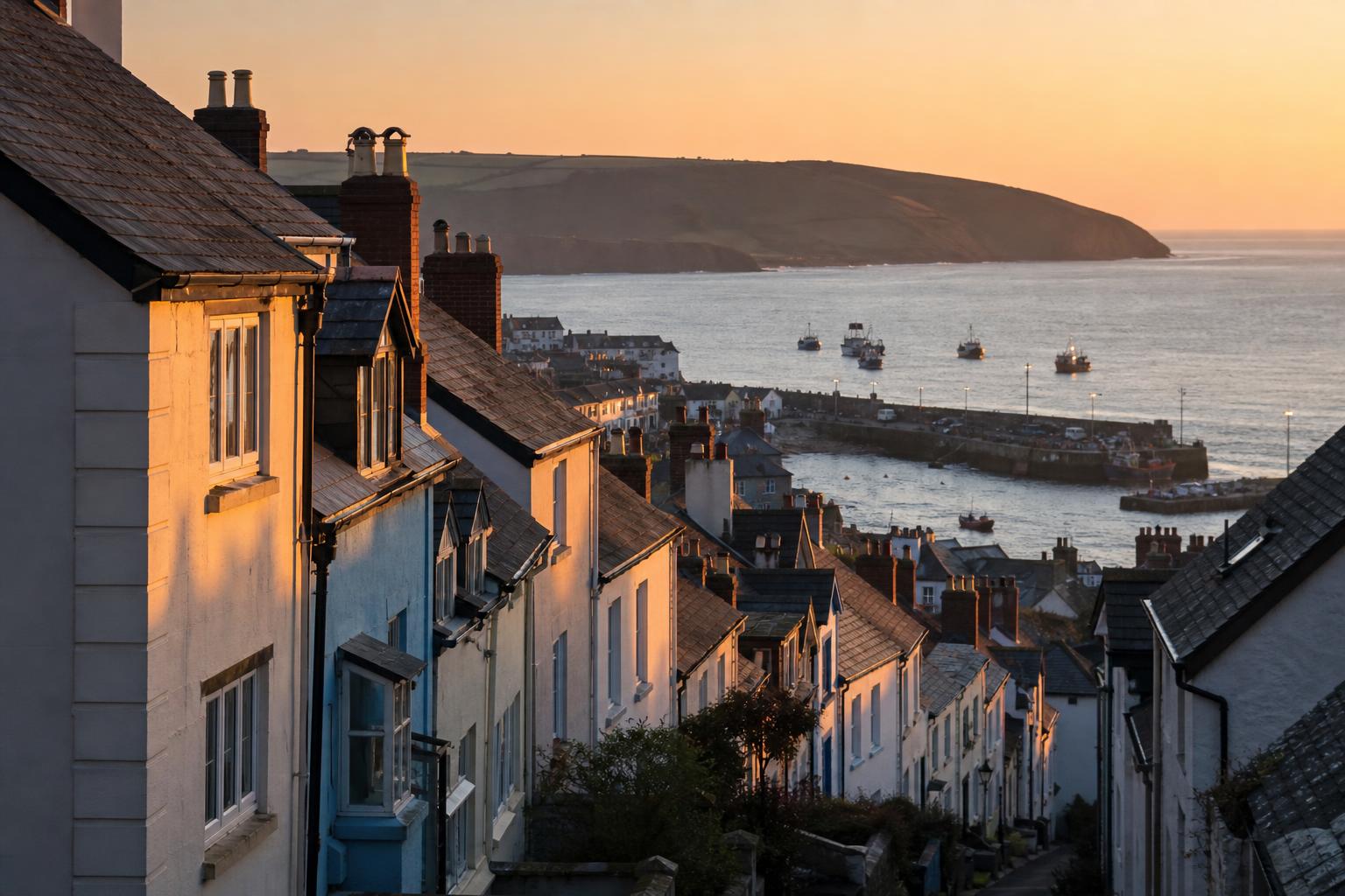 Terraced cottages sloping toward the sea in an English coastal town