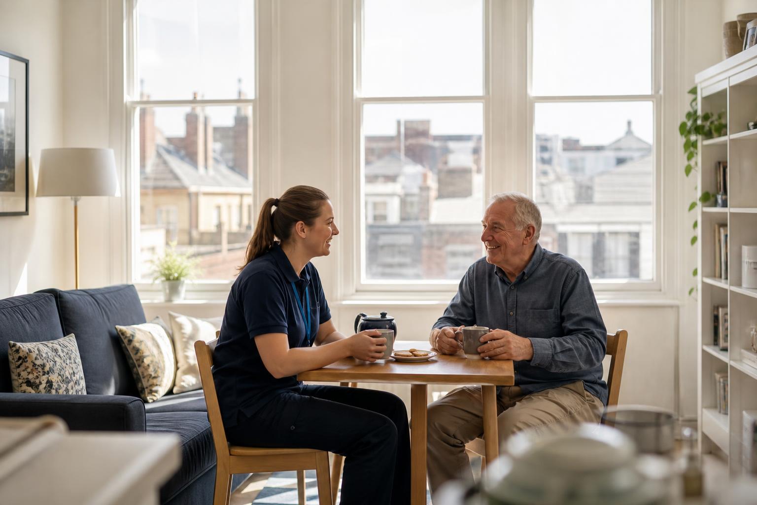 A support worker sharing tea with an older man in a bright city apartment