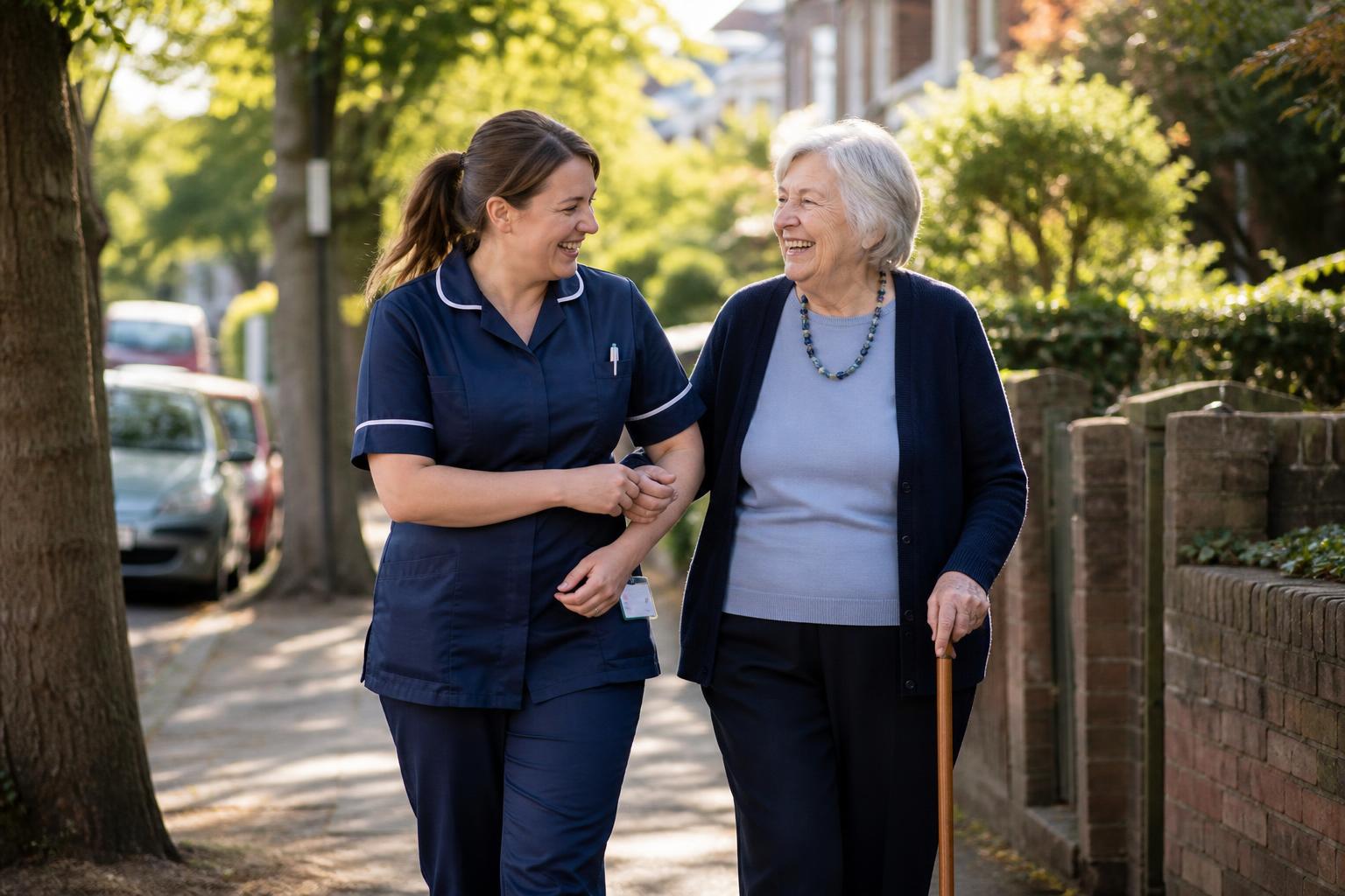 A carer walking and laughing alongside an older woman on a leafy street