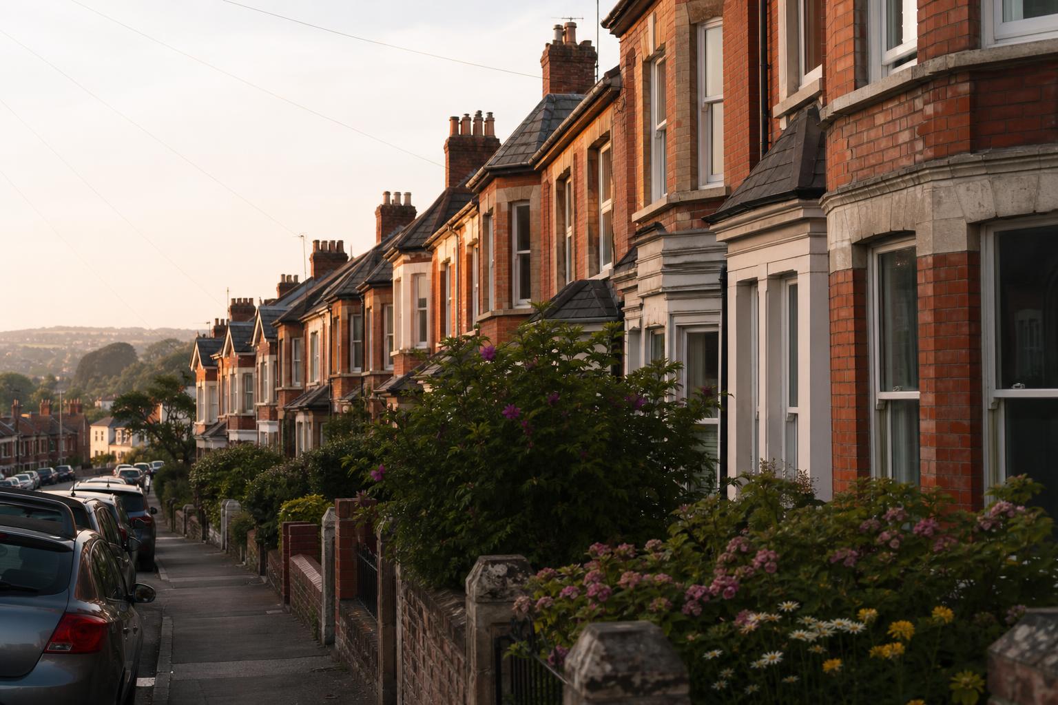 A red-brick Victorian terraced street with flowering front gardens