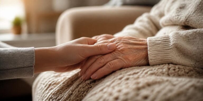 A younger hand gently holding an elderly person's hands