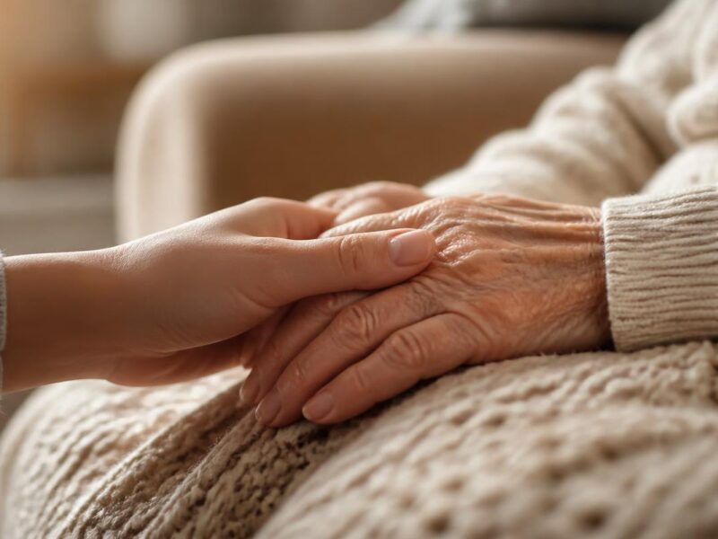 A younger hand gently holding an elderly person's hands