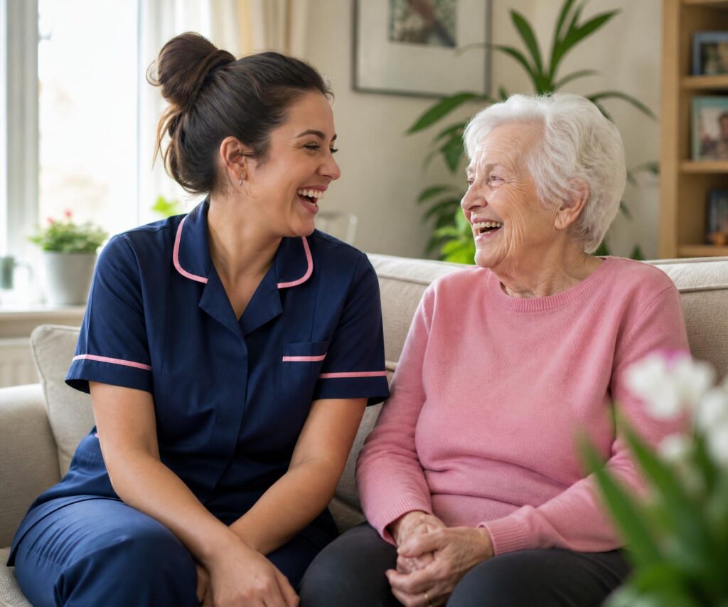 A professional carer in navy uniform laughing together with an elderly woman on a light sofa