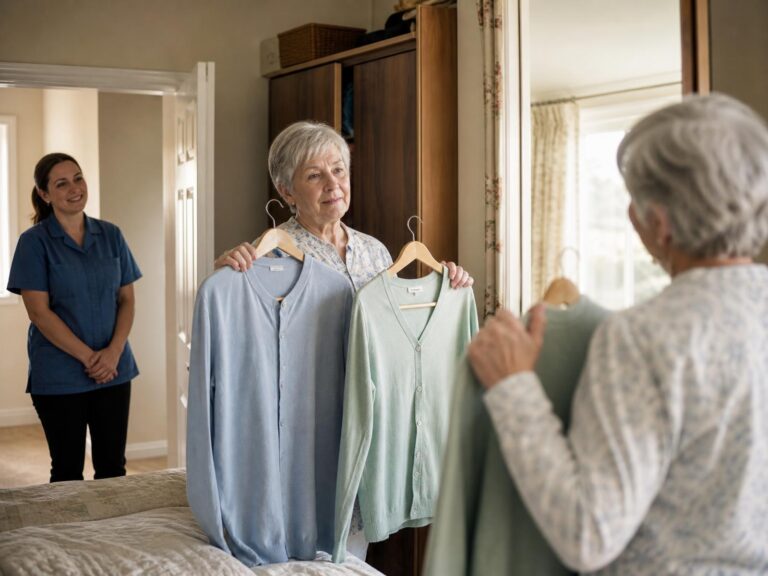 An older woman choosing clothes at her wardrobe with a care professional nearby