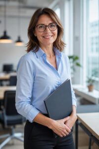 A friendly professional woman holding a folder