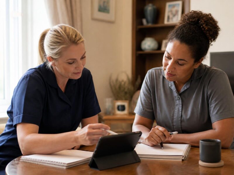 Two care professionals reviewing a care plan together in a home visit setting