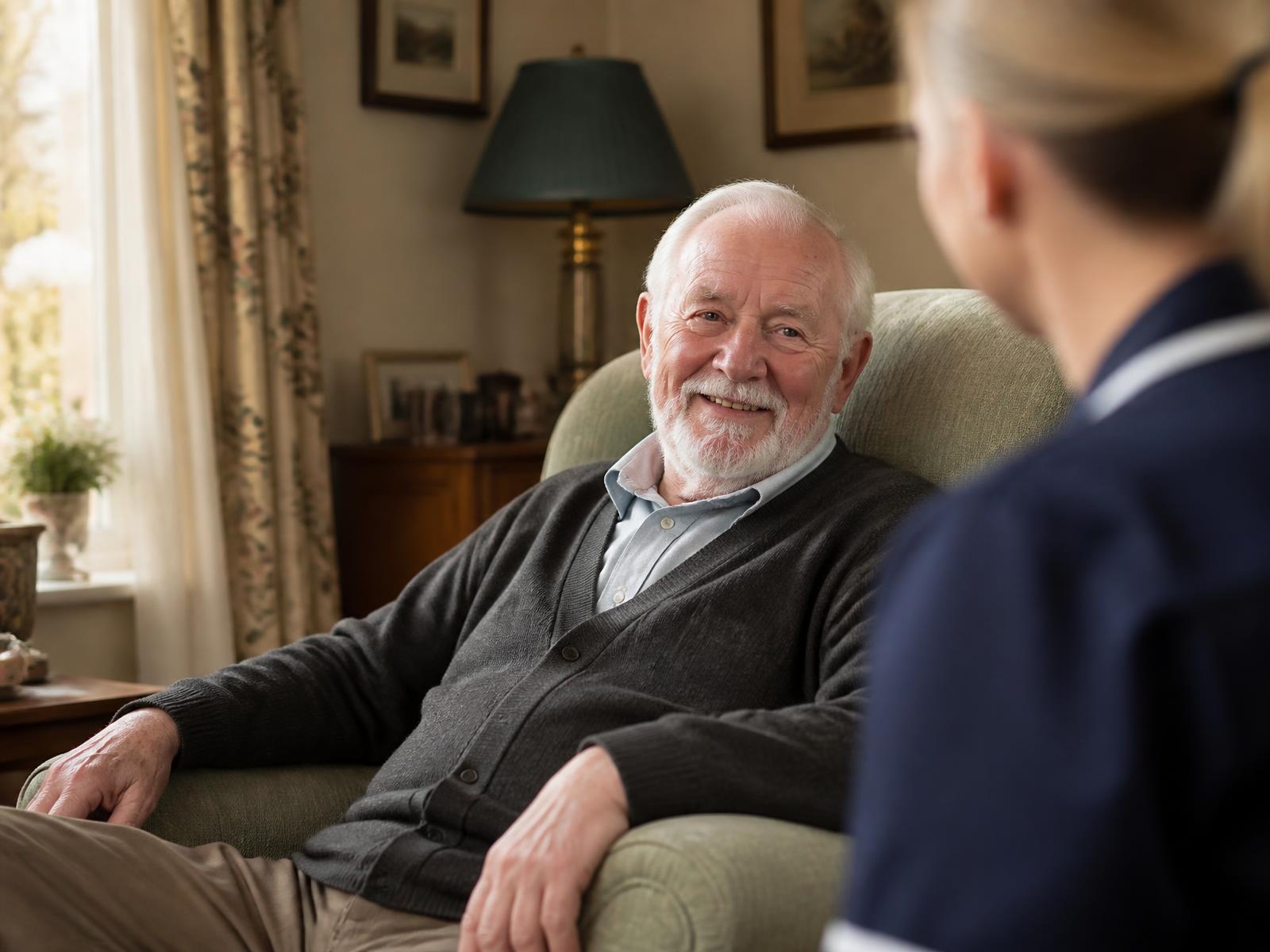 A smiling elderly man with white hair in his armchair at home