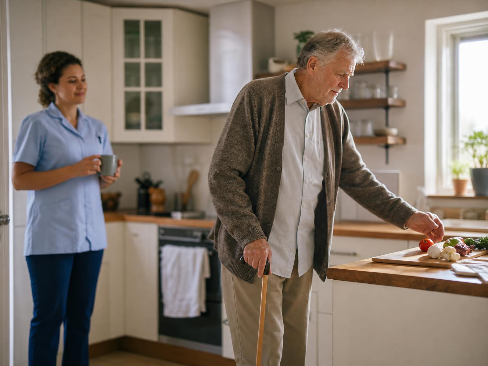 A man recovering at home preparing a simple meal with discreet support from a care professional