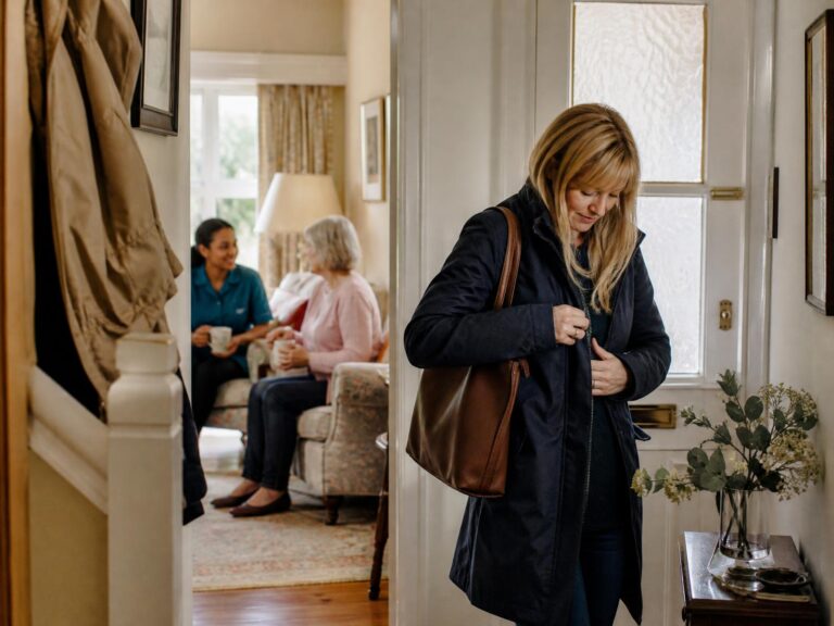 A family member leaving for a break while a professional carer sits with her mother at home