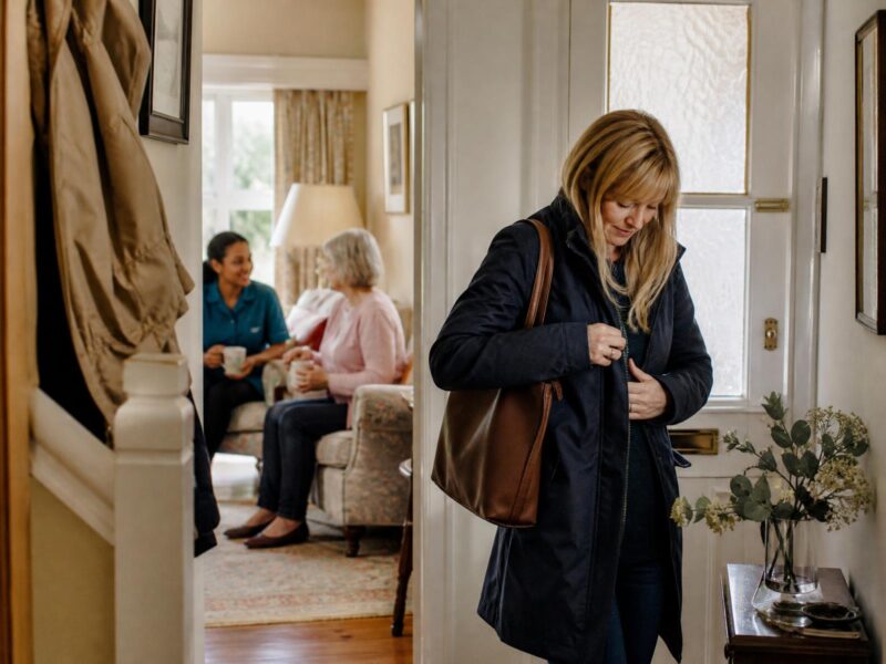 A family member leaving for a break while a professional carer sits with her mother at home