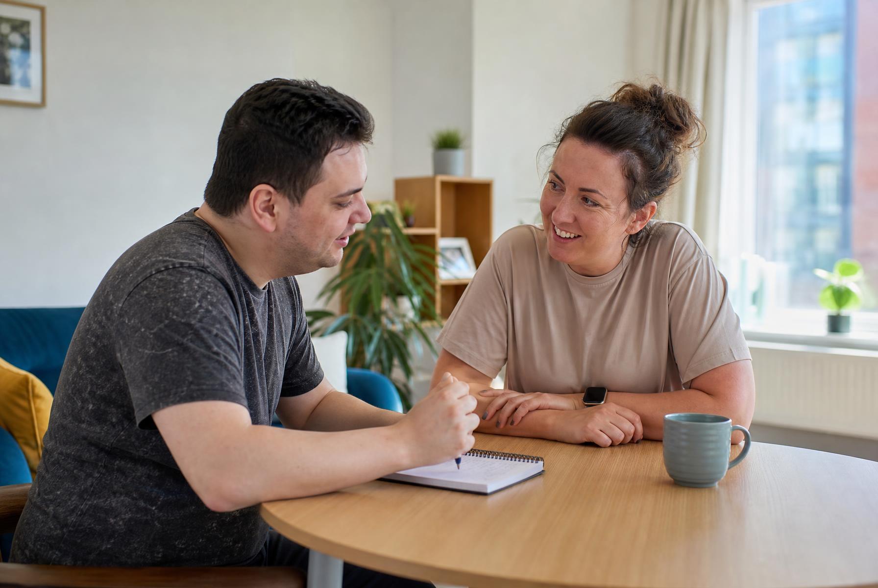 A support worker and a working-age adult planning weekly activities together in a supported living apartment